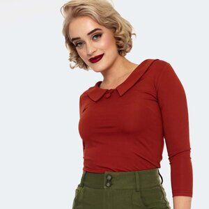 NWT Voodoo Vixen Warm Red Wide Collar Jersey Top 60s inspired, Sz 10